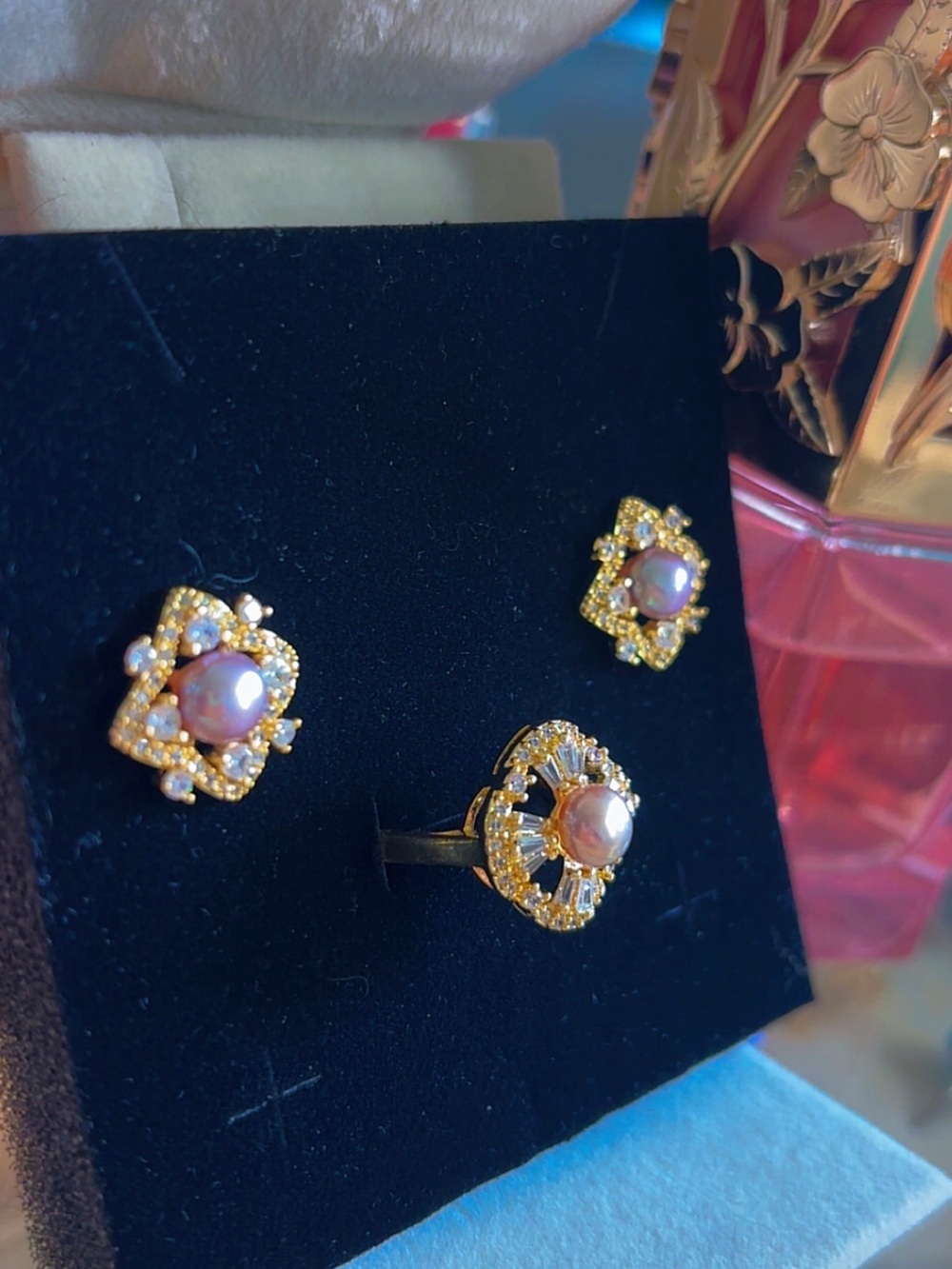 Gold Plated Clover Ring and Earrings Set with Pink Pearl Accents